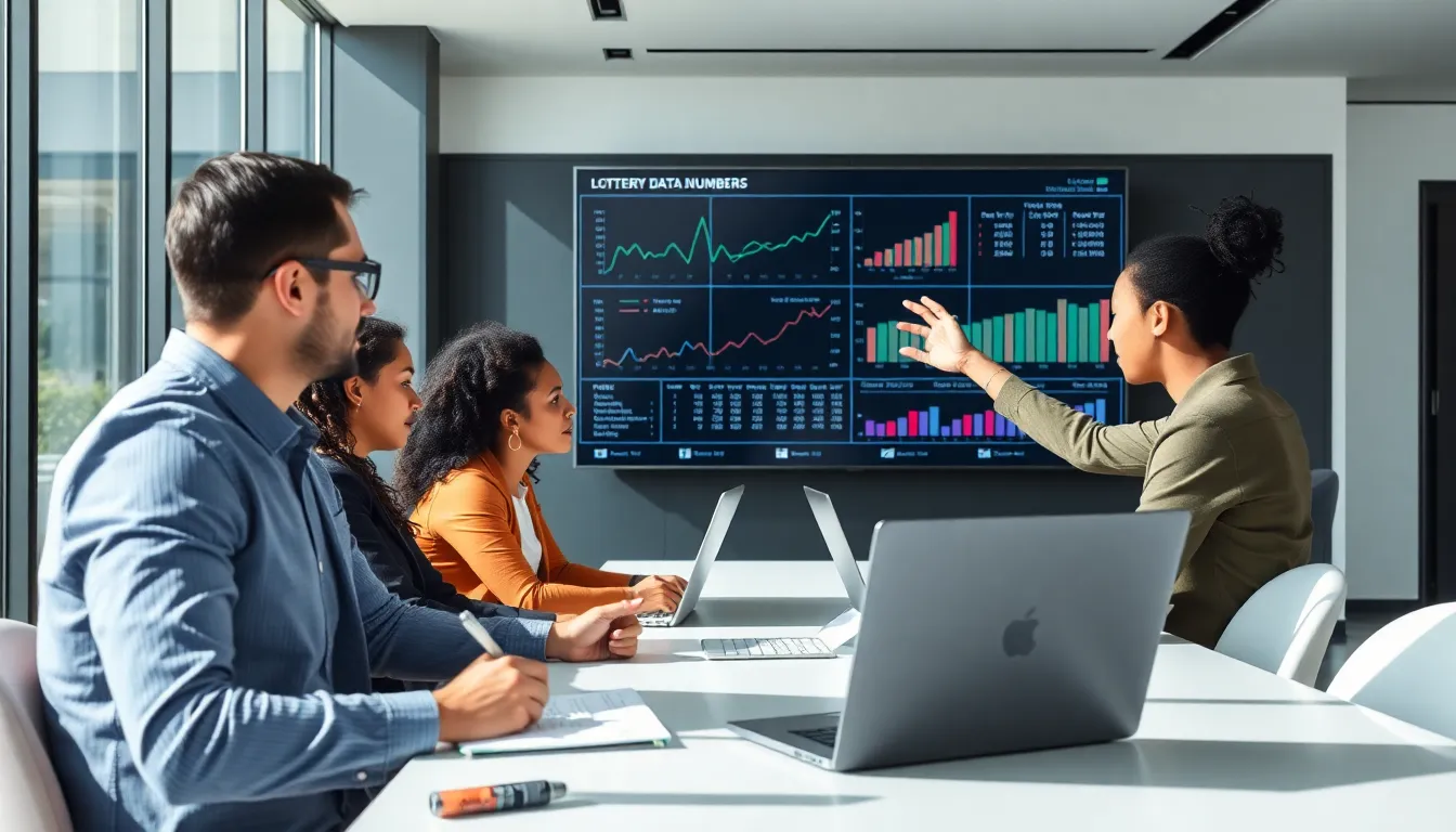 professionals analyzing lottery statistics in a modern office.