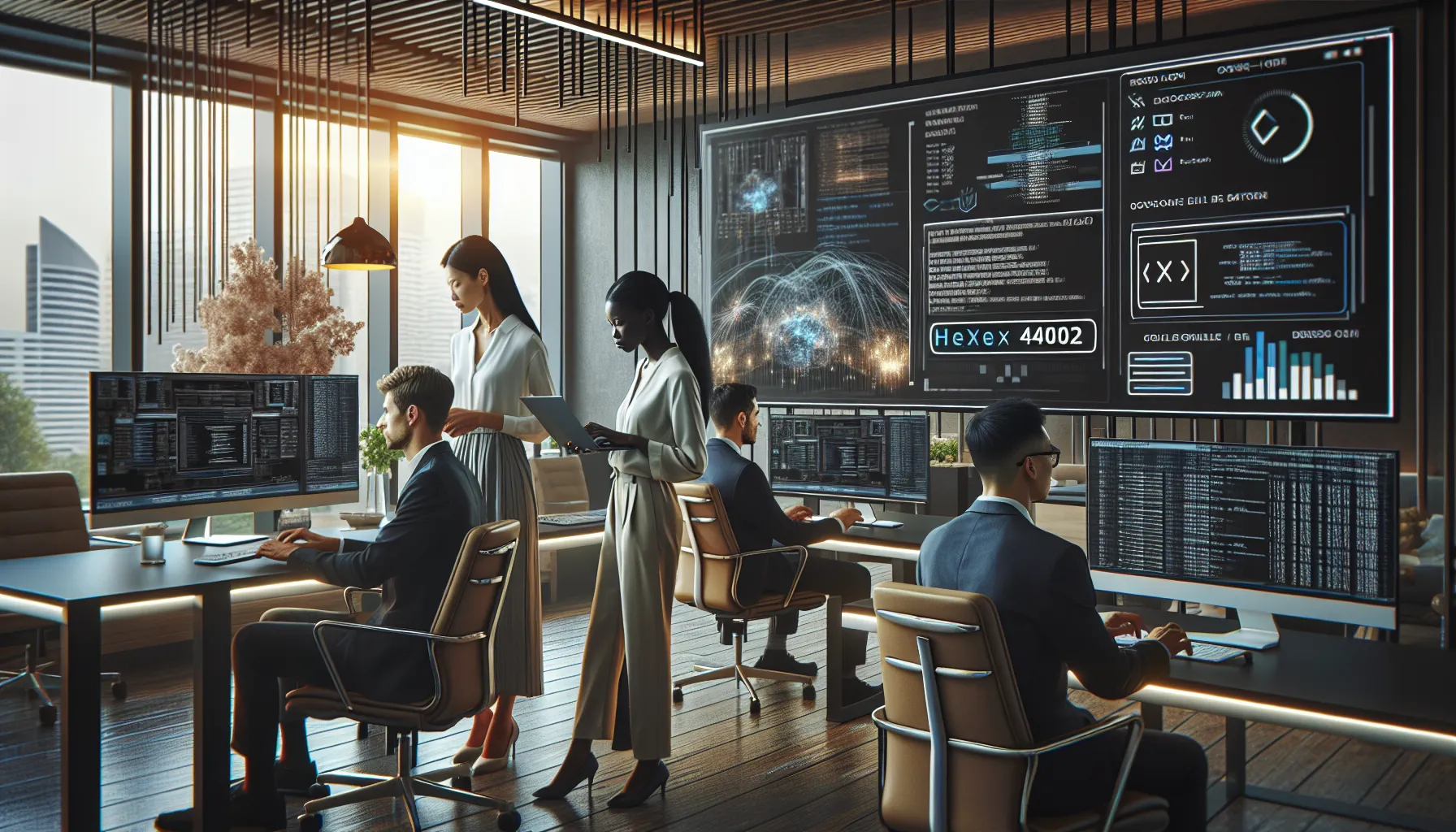 diverse IT team collaborating on troubleshooting software errors.