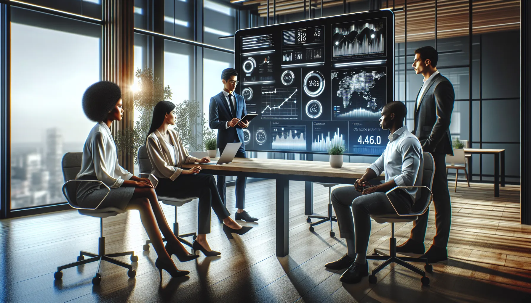 diverse team collaborating on Moxhit 4.6.1 software in a modern office.