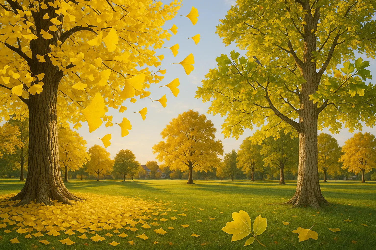 ginkgo shedding bright yellow fan leaves beside a tulip tree with lobed leaves