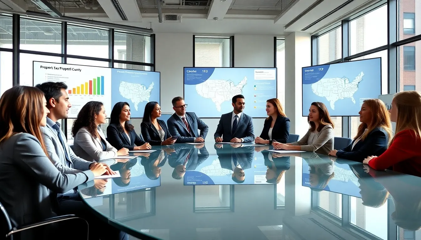 diverse professionals discussing property taxes in a modern office.