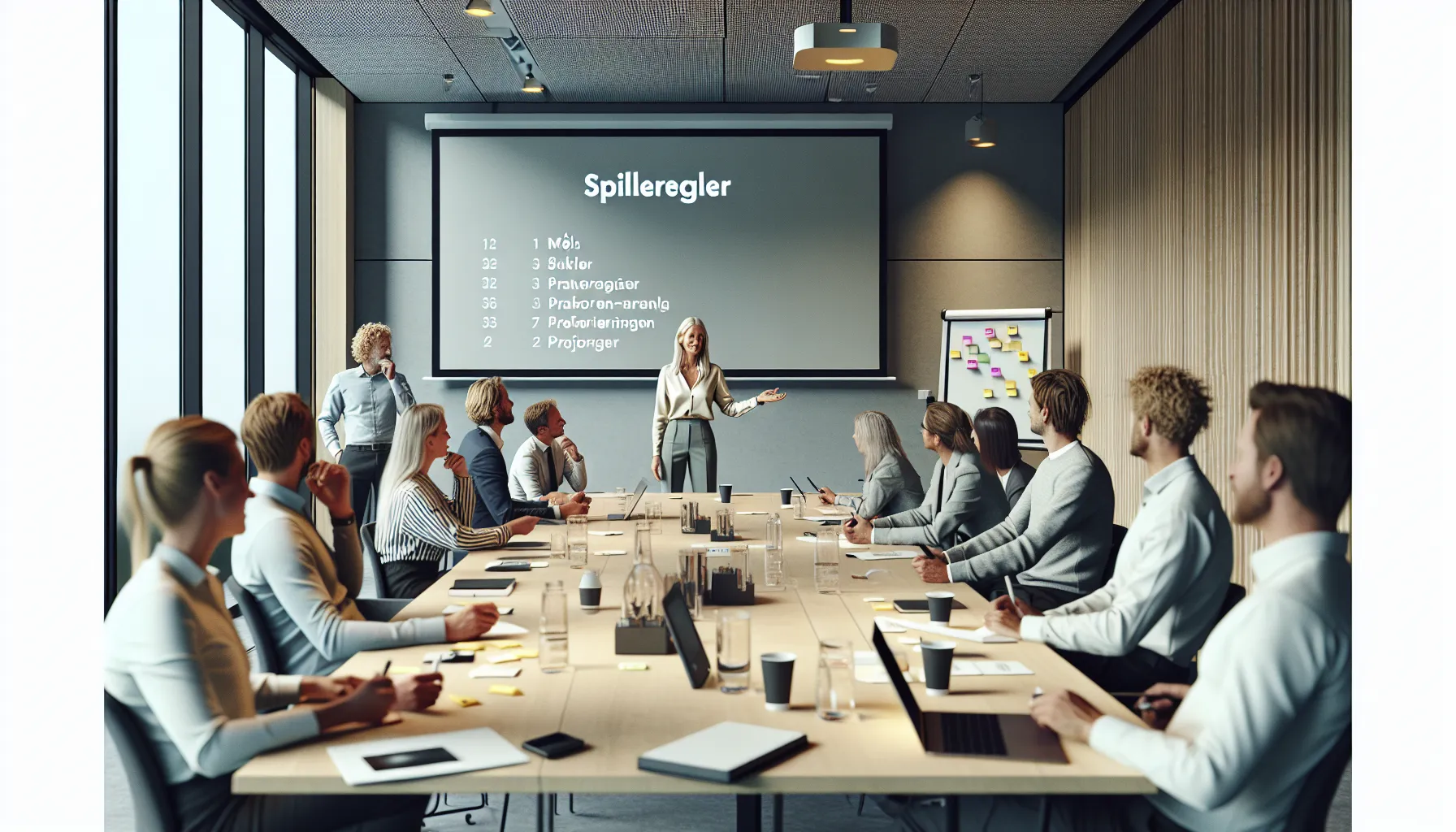 Coworkers in a norwegian kickoff workshop using post-its and a rules slide.