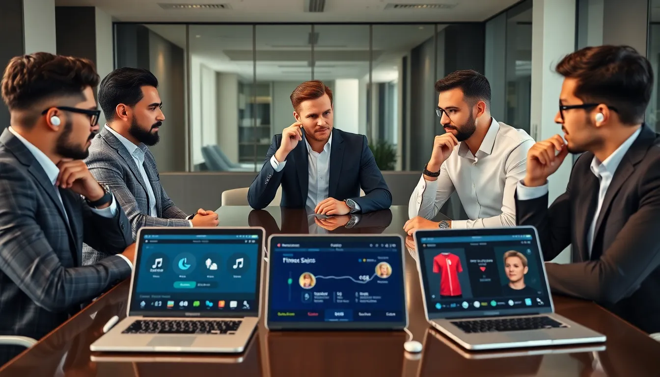 men in modern office using smartwatches and wireless earbuds.