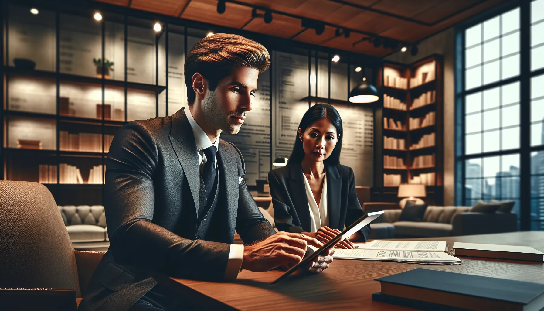 A financial advisor discusses a credit report with a client in an office.