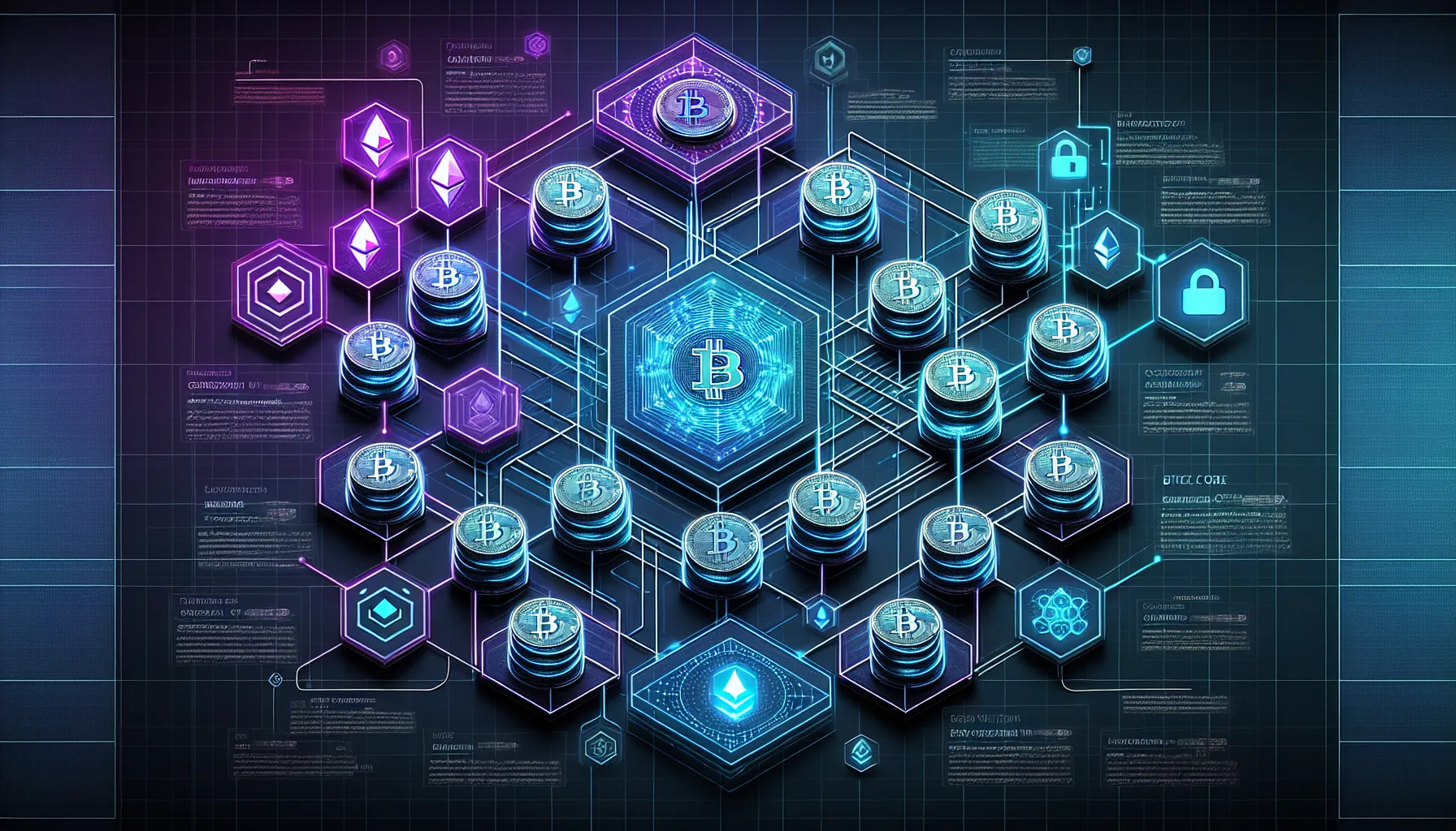 Infographic showing crypto casino blockchain infrastructure with cryptocurrency symbols and privacy features.