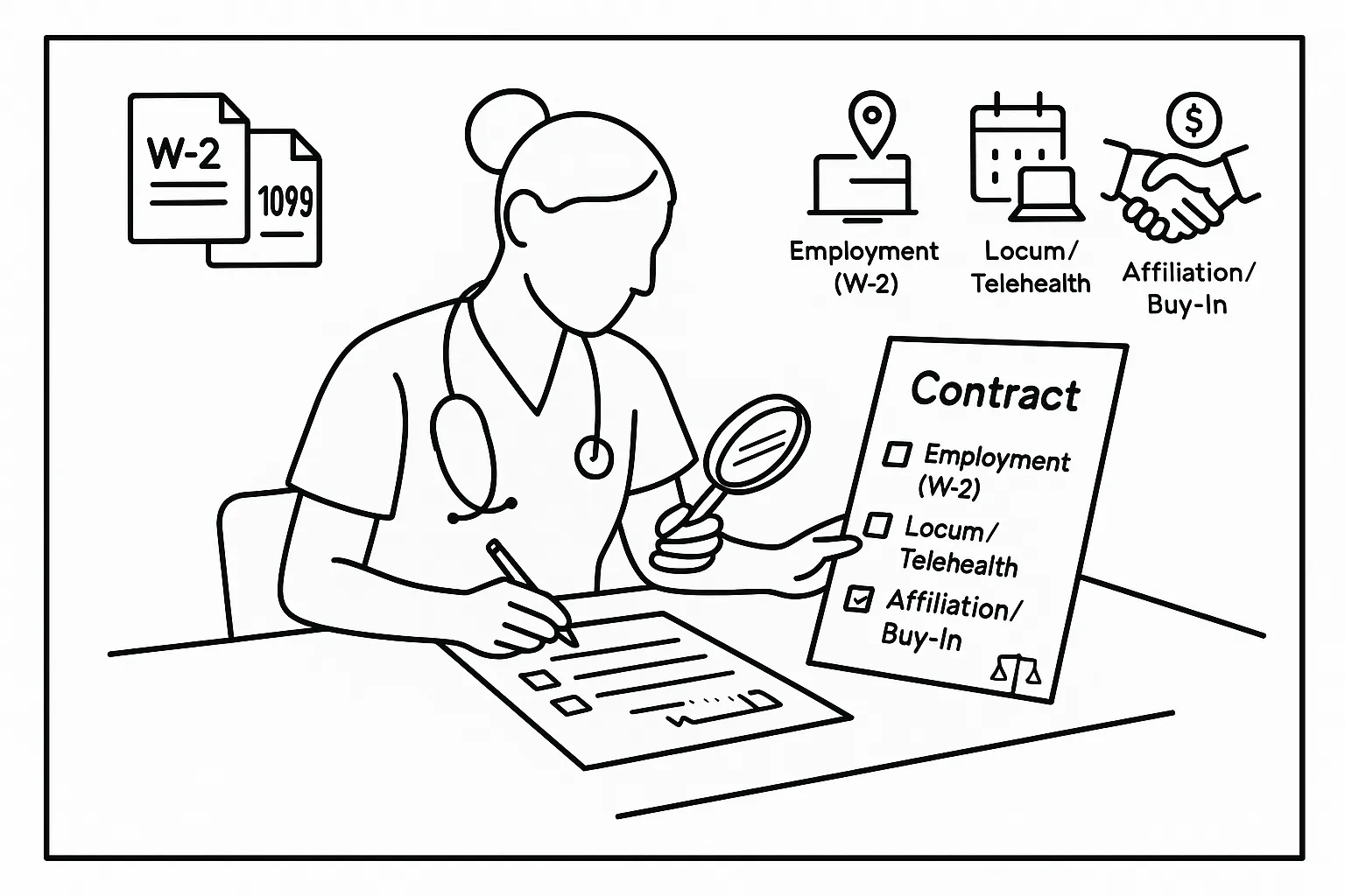 Nurse practitioner at desk examining labeled contract with checklist and icons of Pennsylvania Nurse Practitioner Contract Review.