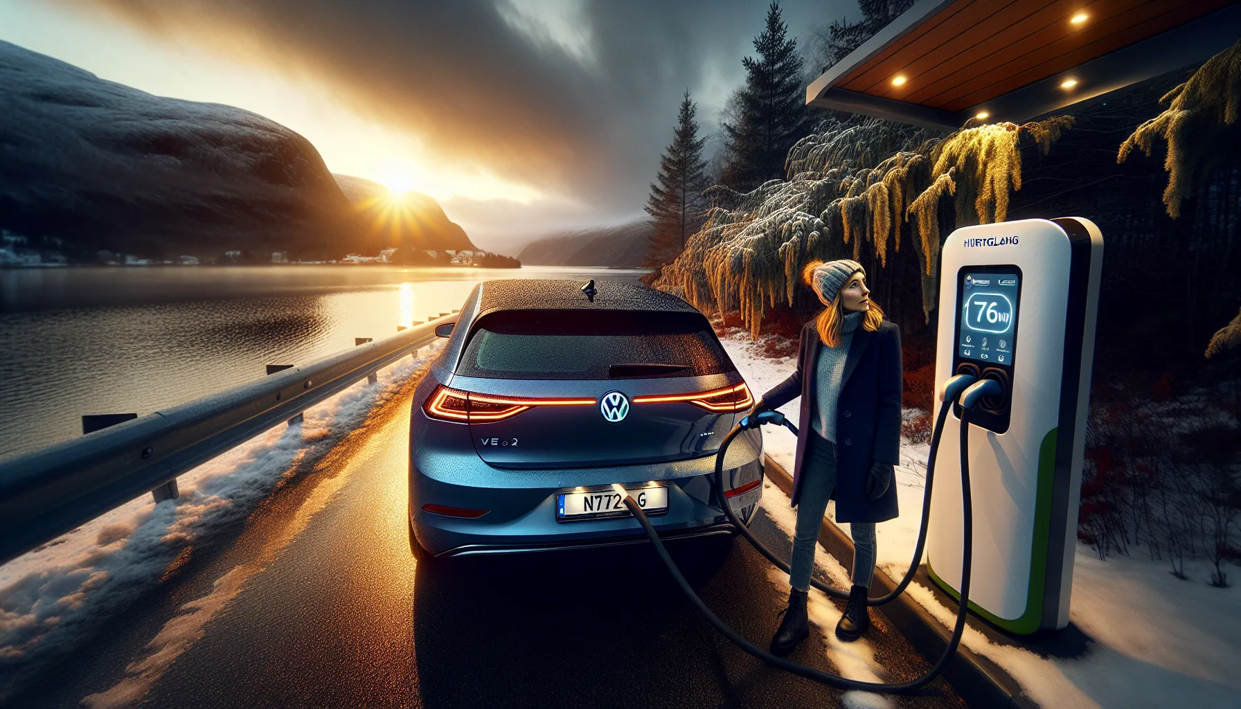 Norwegian woman charging a volkswagen id. 4 among other popular 2025 european evs.