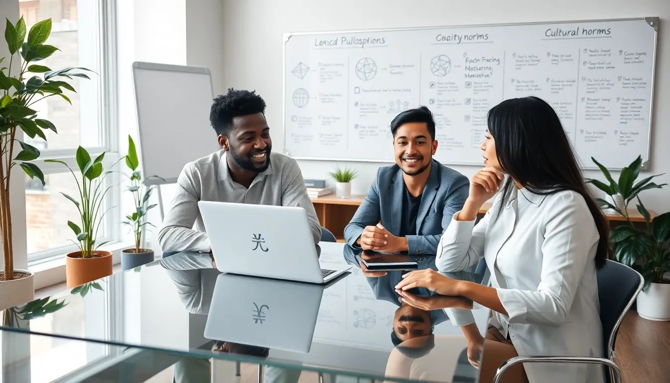 diverse professionals discussing philosophical concepts in a modern office.