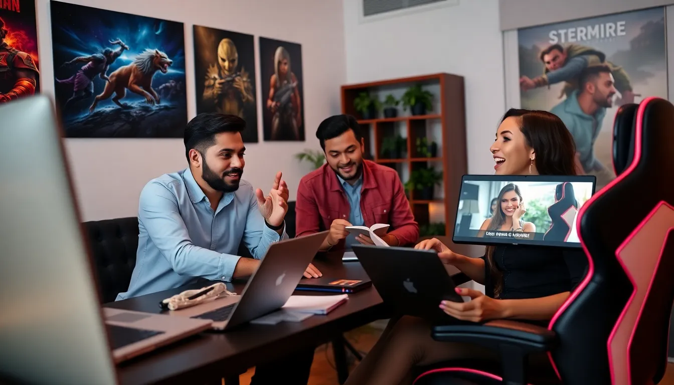 diverse group collaborating on gaming content in a modern office.