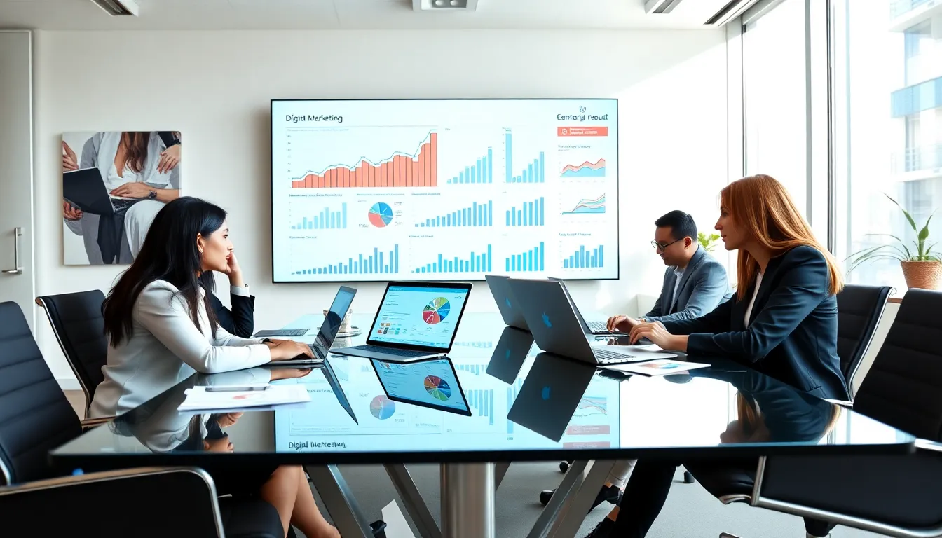 diverse team strategizing in a modern office for digital marketing.