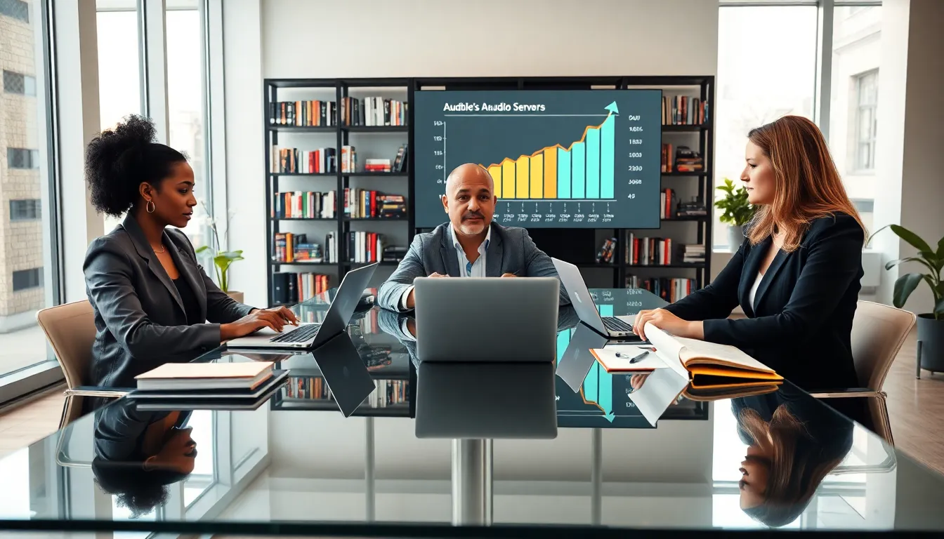 diverse professionals discussing Audible's business model in a modern office.