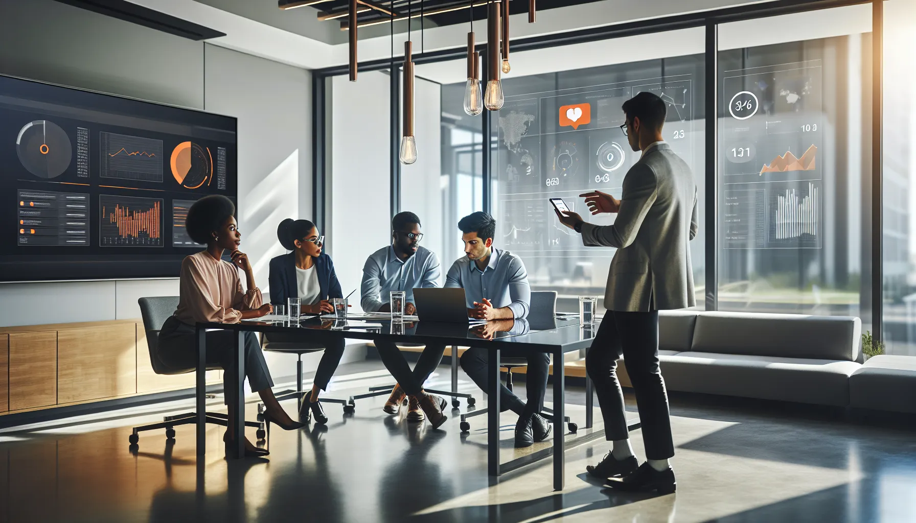 diverse team discussing troubleshooting orange alerts in a modern office.