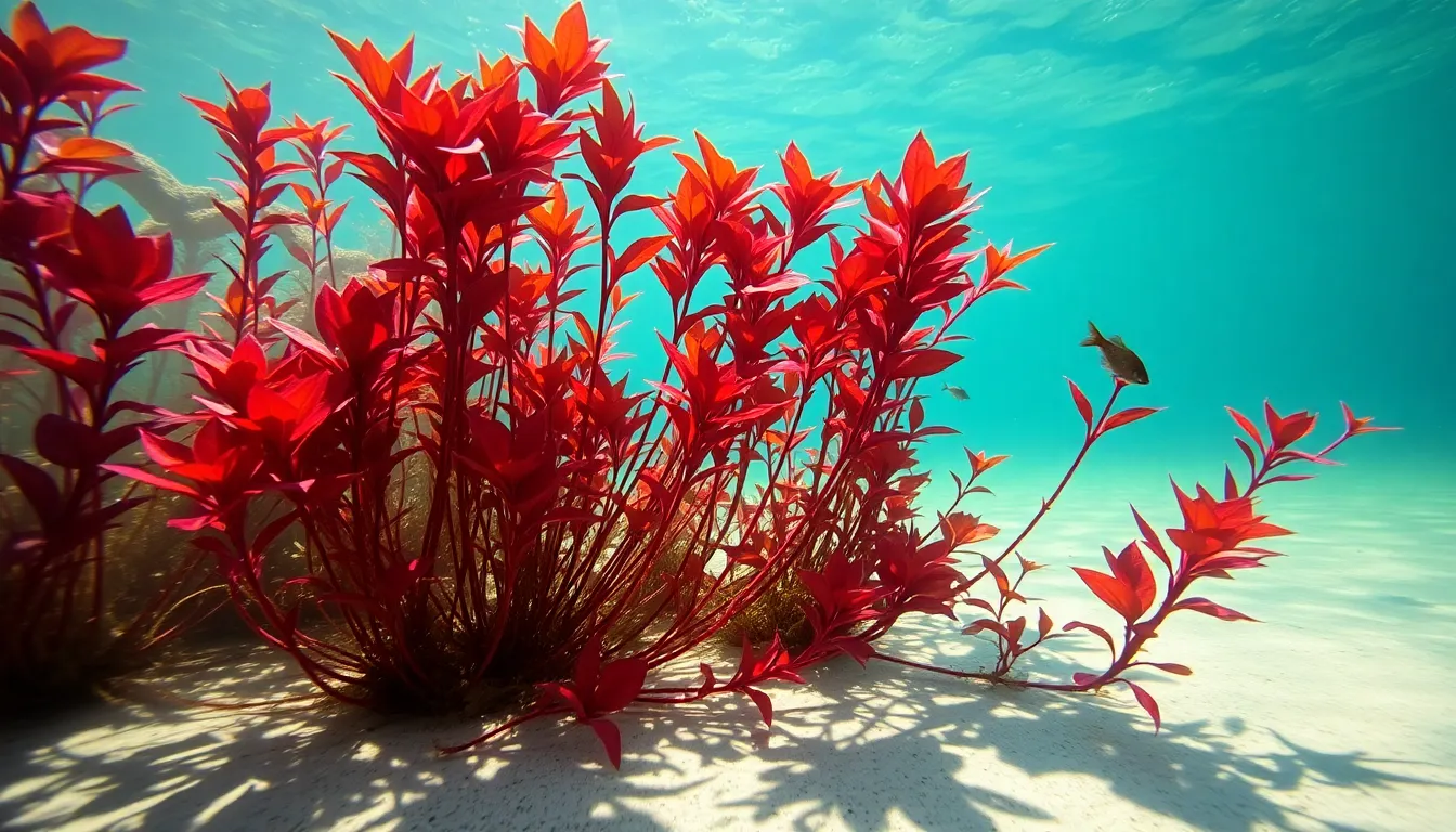 vibrant red aquatic plants thriving in a clear freshwater environment.