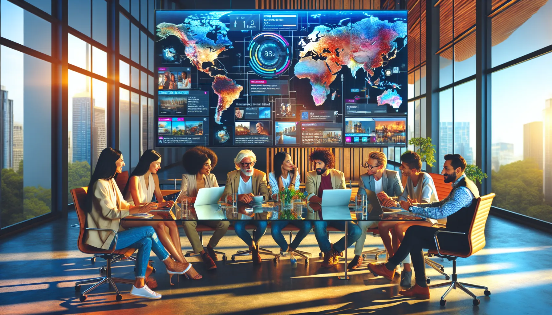 diverse travelers sharing experiences in a modern office setting.