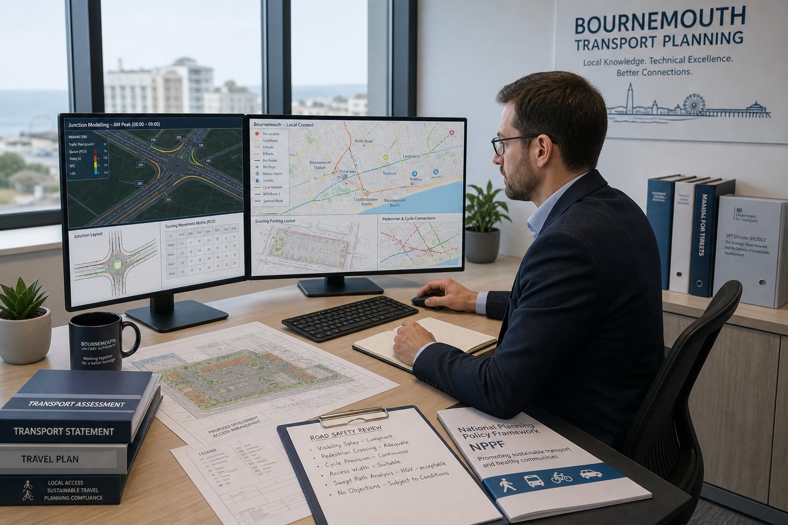 Traffic engineer reviewing Bournemouth transport planning evidence in a modern office.