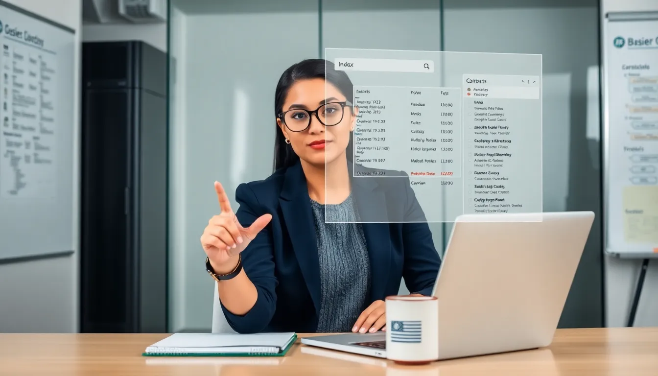 IT specialist interacting with a holographic directory UI in a modern office.
