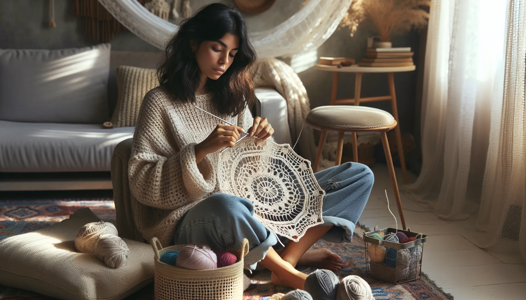 A person crocheting a lace piece in a cozy room.