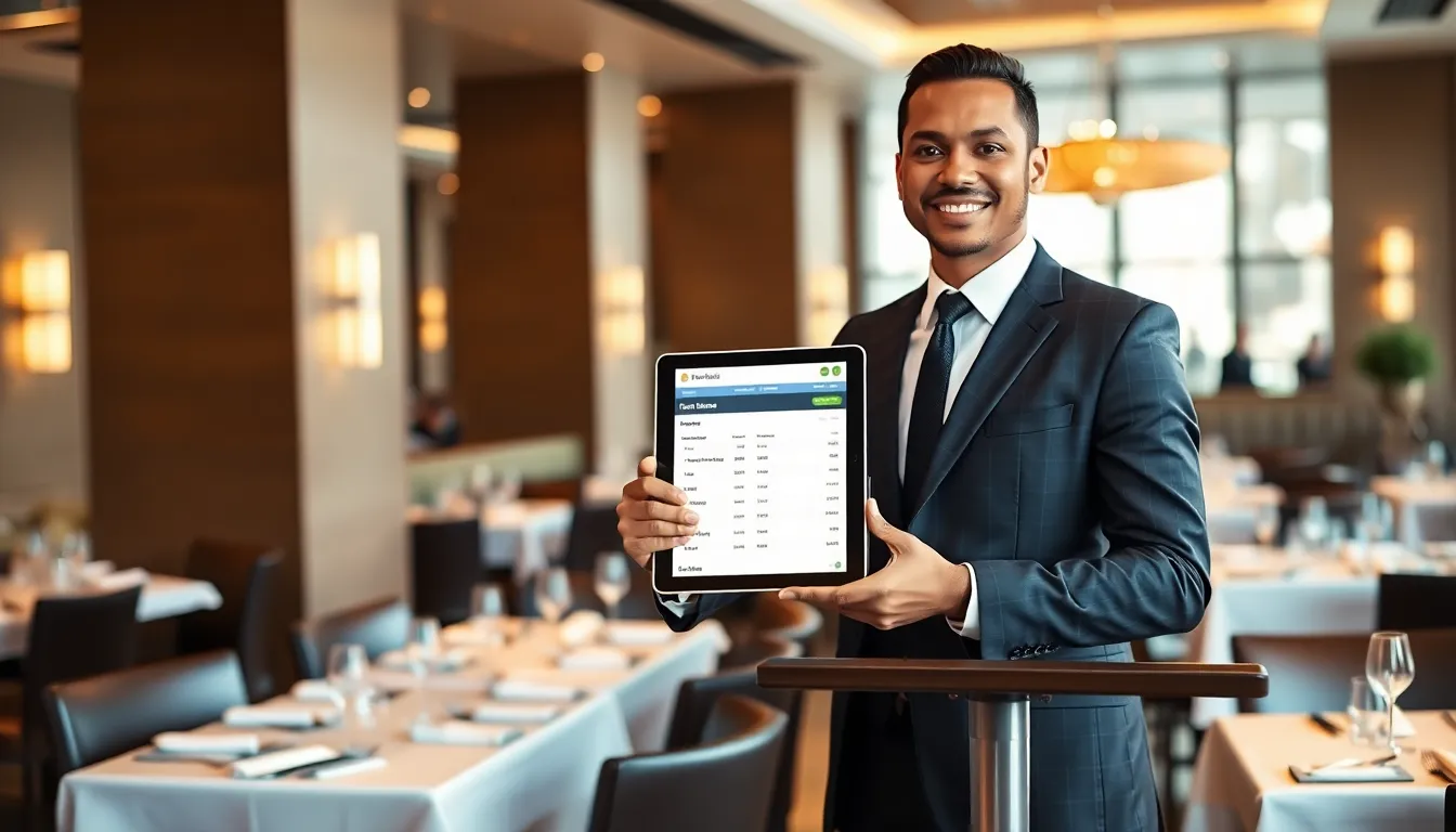 restaurant host managing reservations with software in a modern dining area.