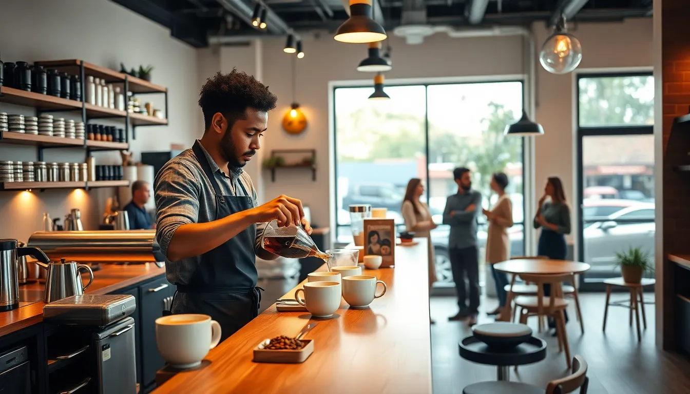 Barista preparing Ntrffee in a modern coffee shop.
