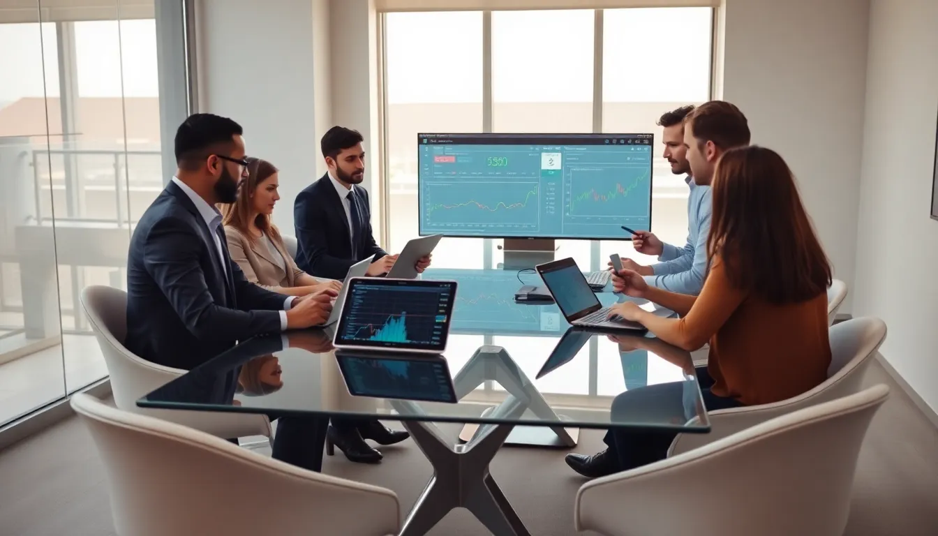 diverse team discussing cryptocurrency trading in a modern office.