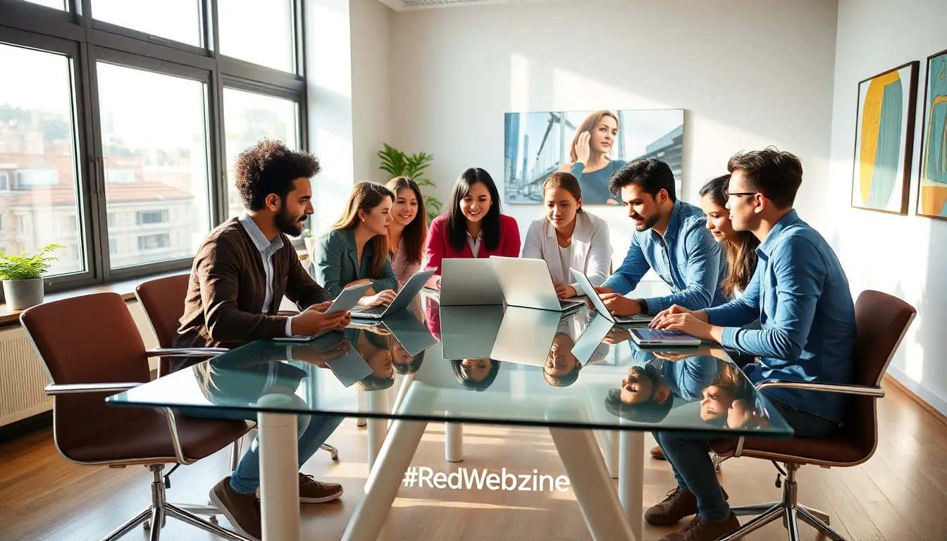 diverse team collaborating in a bright, modern workspace.
