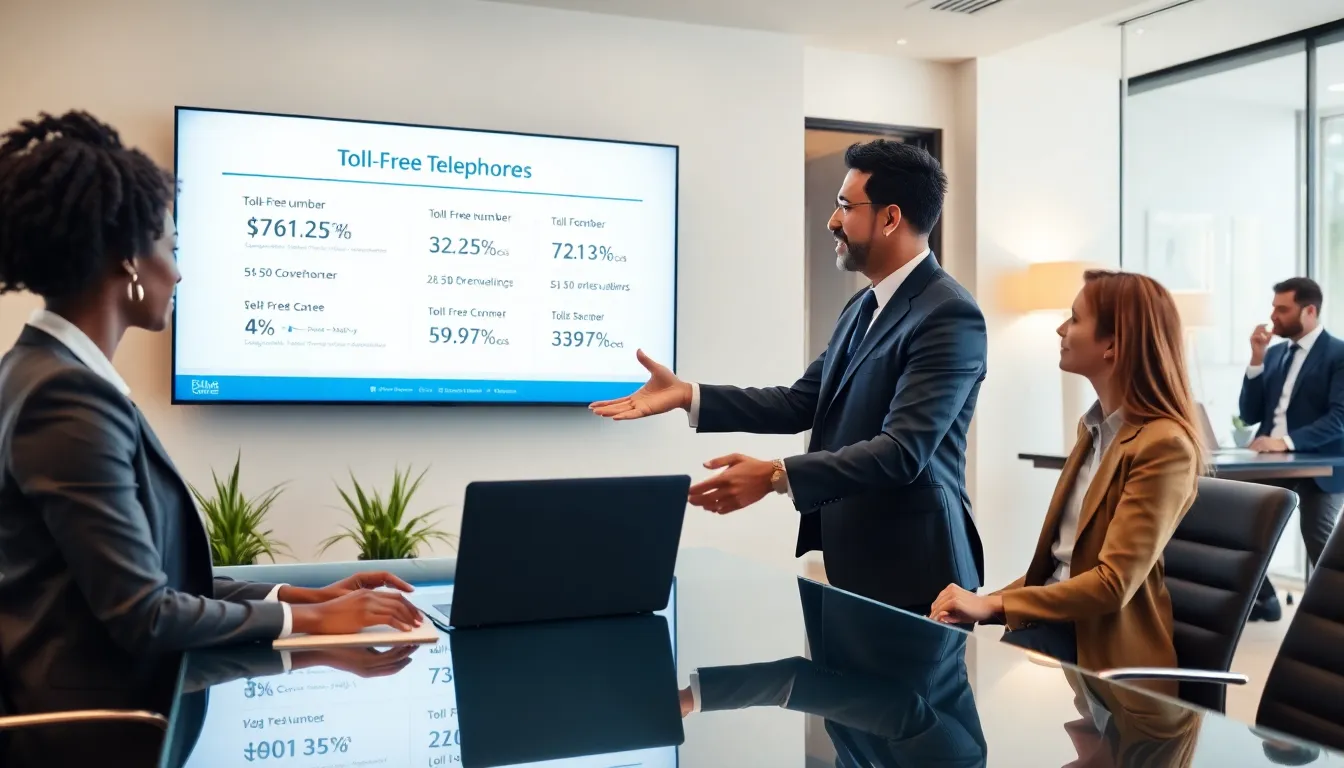professionals discussing toll-free numbers in a modern office.