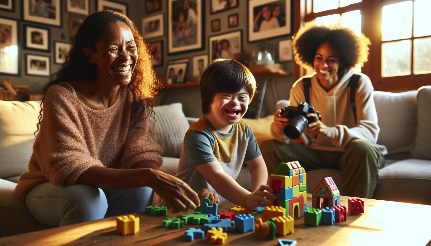 A family cherishing moments with their children with Down syndrome and autism.