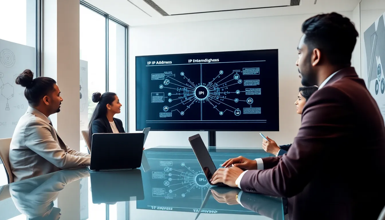 professionals discussing IP addresses in a modern office setting.