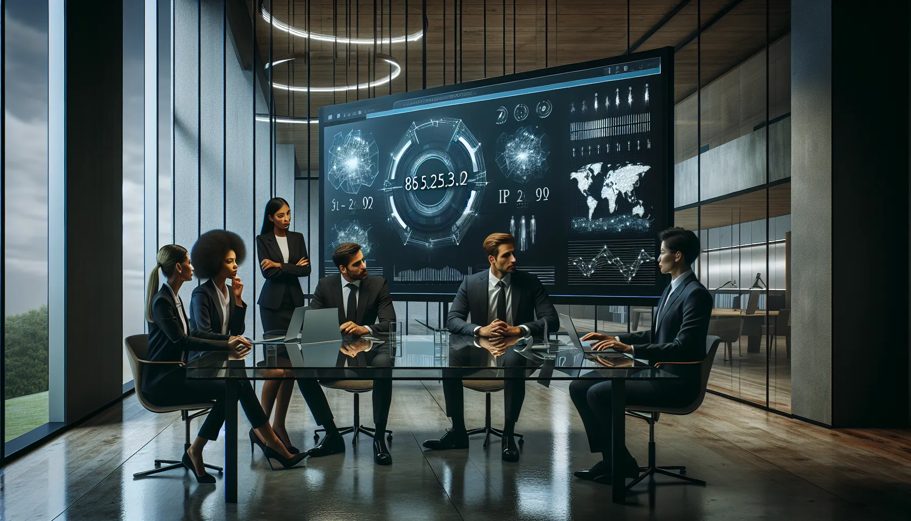 diverse team discussing cybersecurity in a modern office setting.