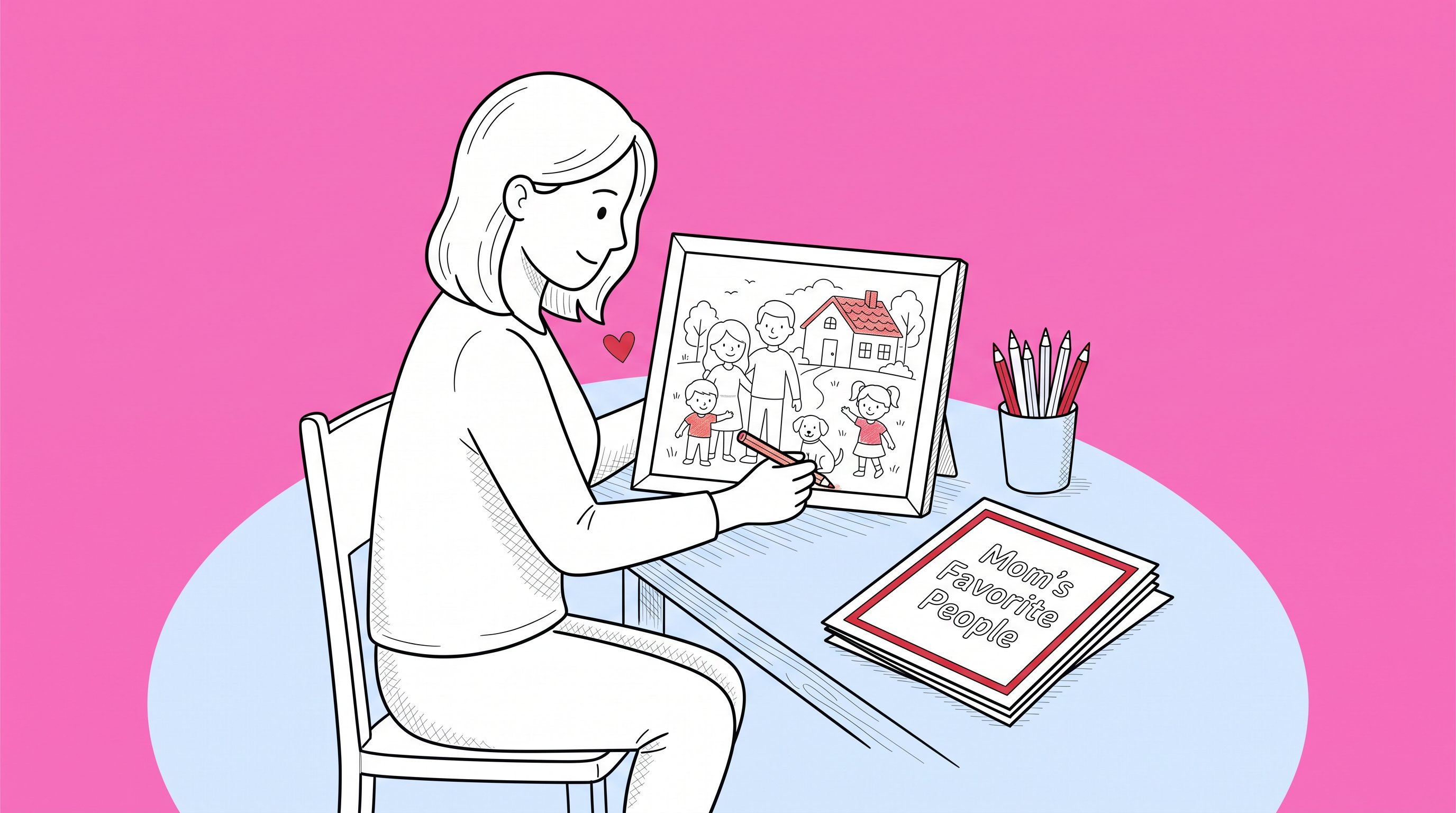 Mother coloring a framed family portrait page beside a custom coloring book.