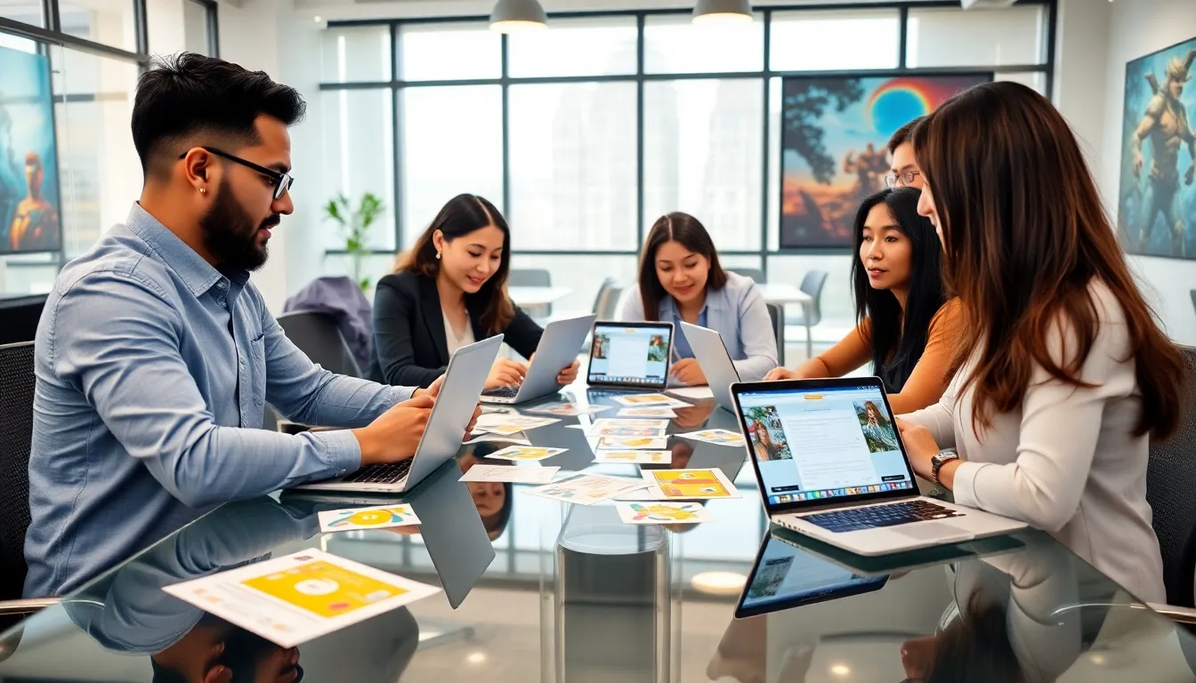 team collaborating on game design in a modern office.