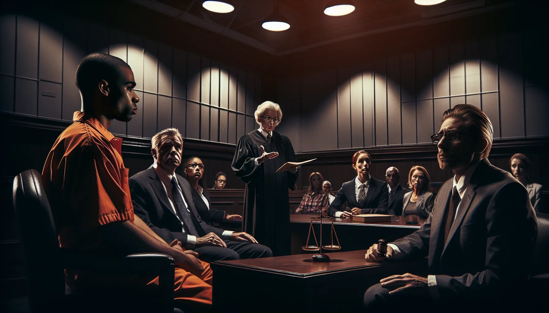 a tense courtroom scene during a felony trial with diverse individuals present.