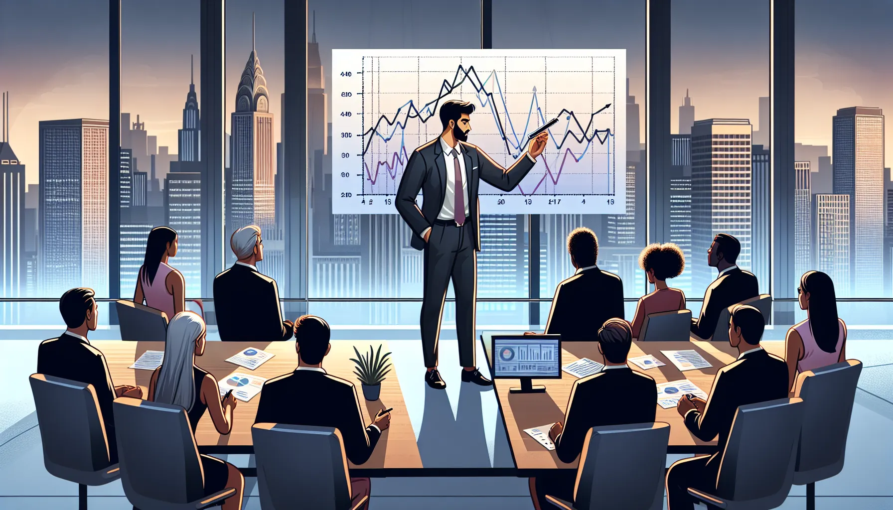 A professional presenting a capital gains graph in a modern office.