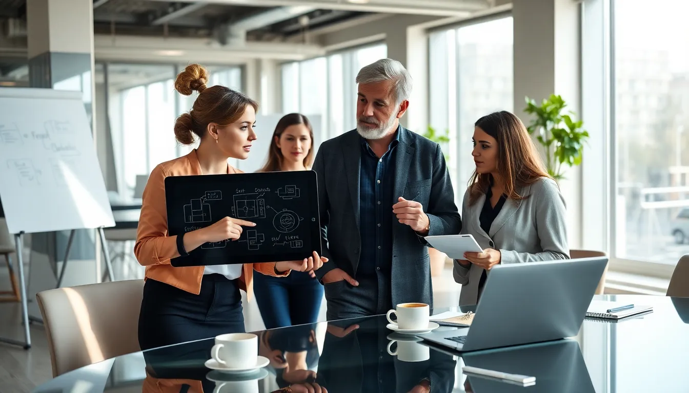 diverse team collaborating on custom software development in a modern office.
