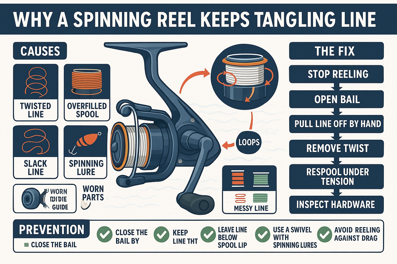 Infographic showing causes and fixes for spinning reel line tangles.