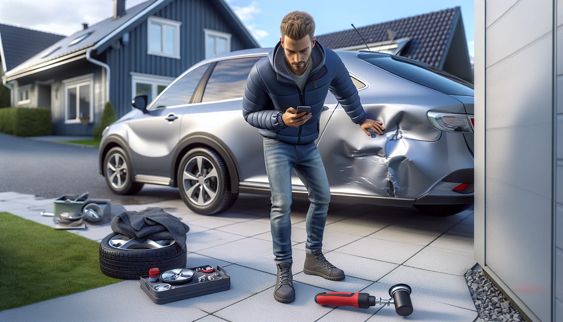 Man in norwegian driveway comparing two car dents, deciding on diy repair.