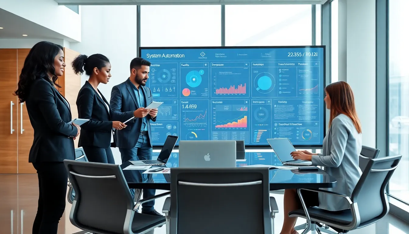 diverse team collaborating on system automation in a modern office.