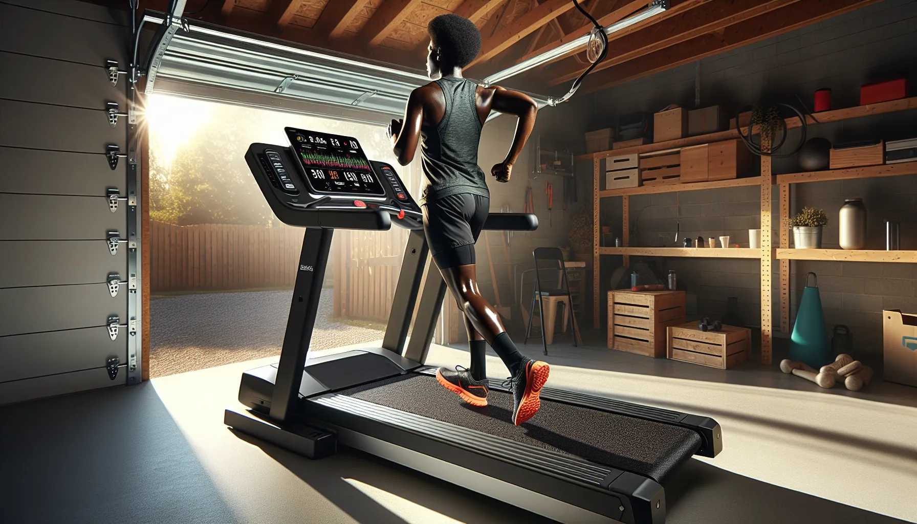 Runner testing a treadmill with sensors and data in a garage lab.