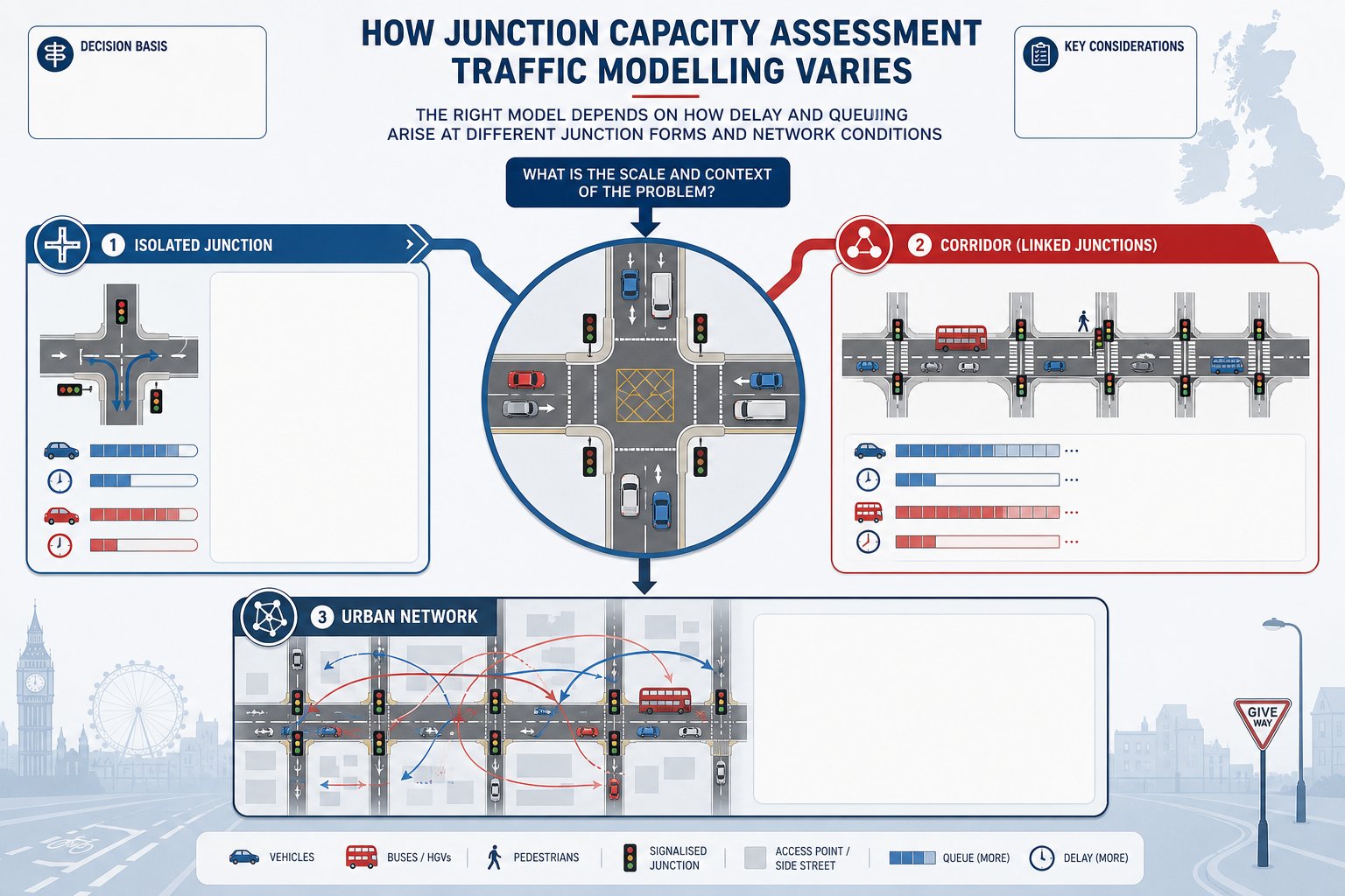 UK infographic showing junction assessment types for isolated junctions, corridors and networks.
