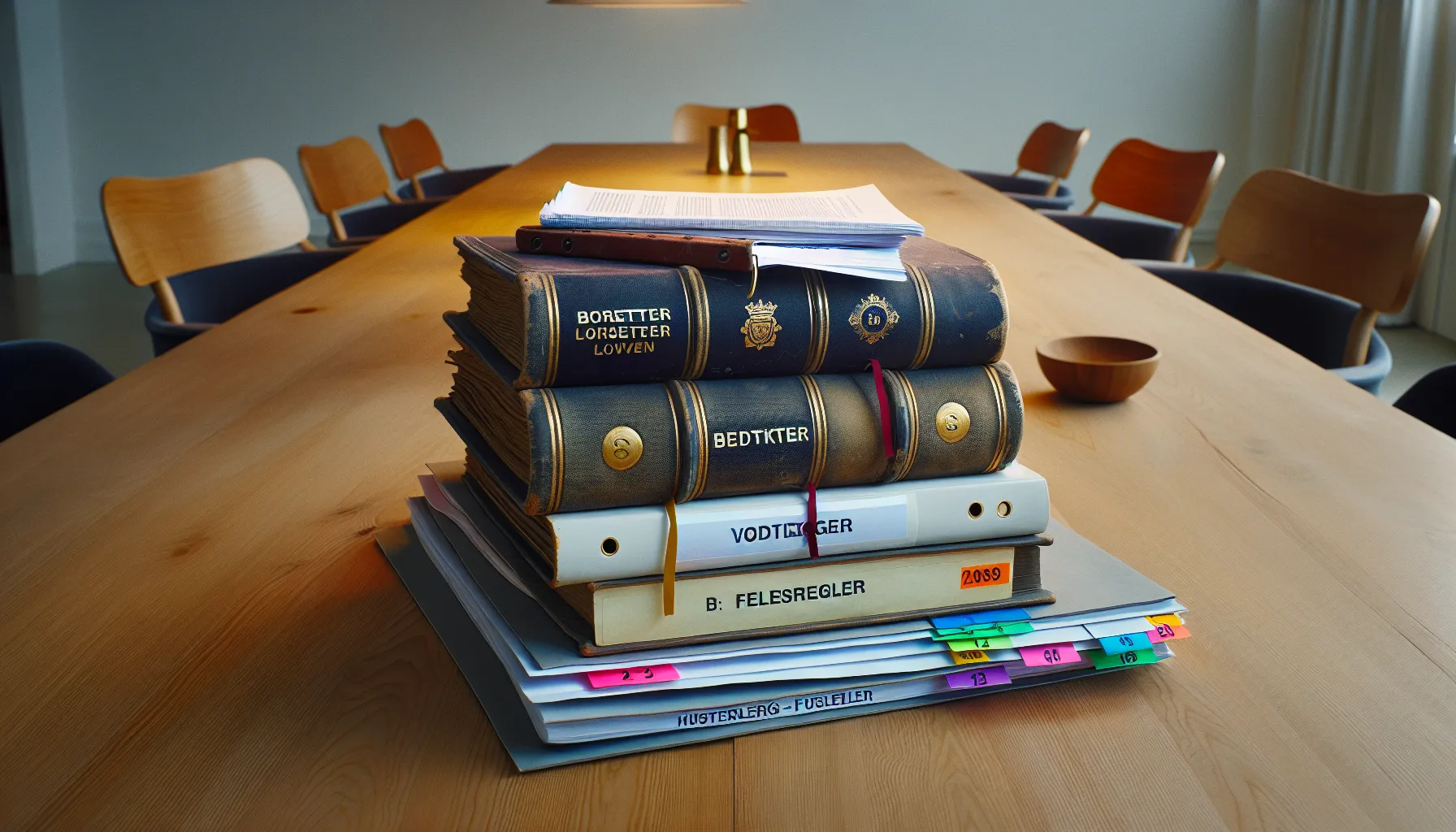 Stacked norwegian law, bylaws, and house rules at a co-op meeting table.