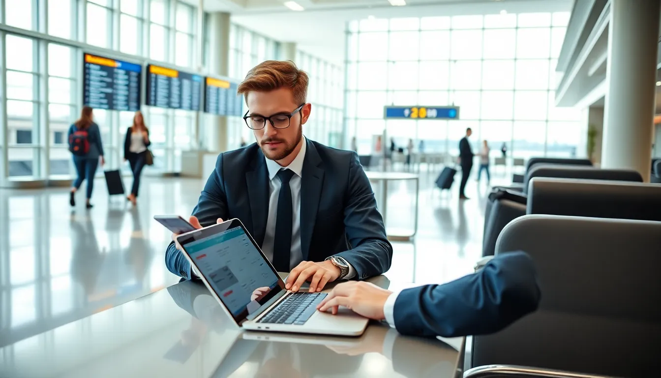 traveler using flight search tools in a modern airport lounge.