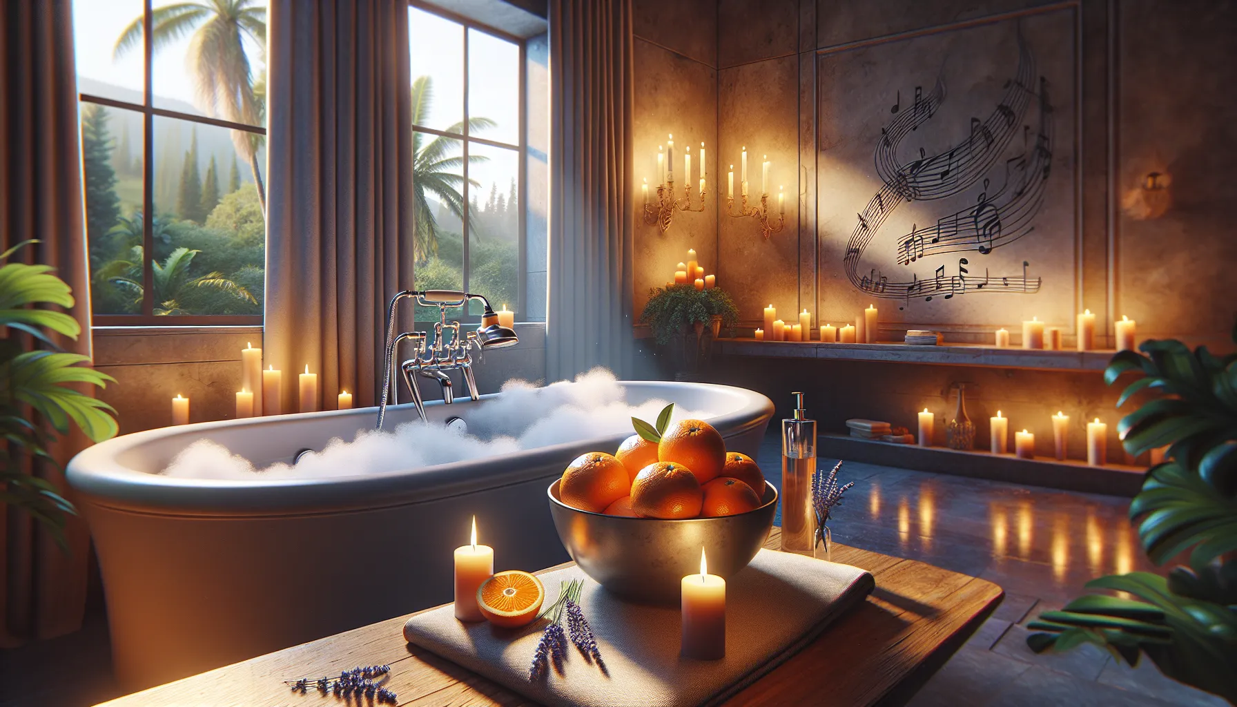 relaxing bathroom scene with navel oranges and candles.
