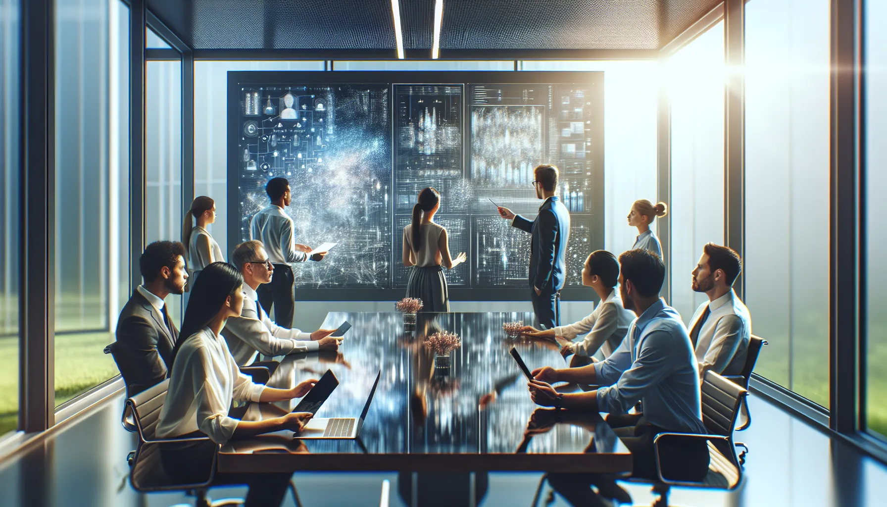 diverse team collaborating on technology and data in a modern office.