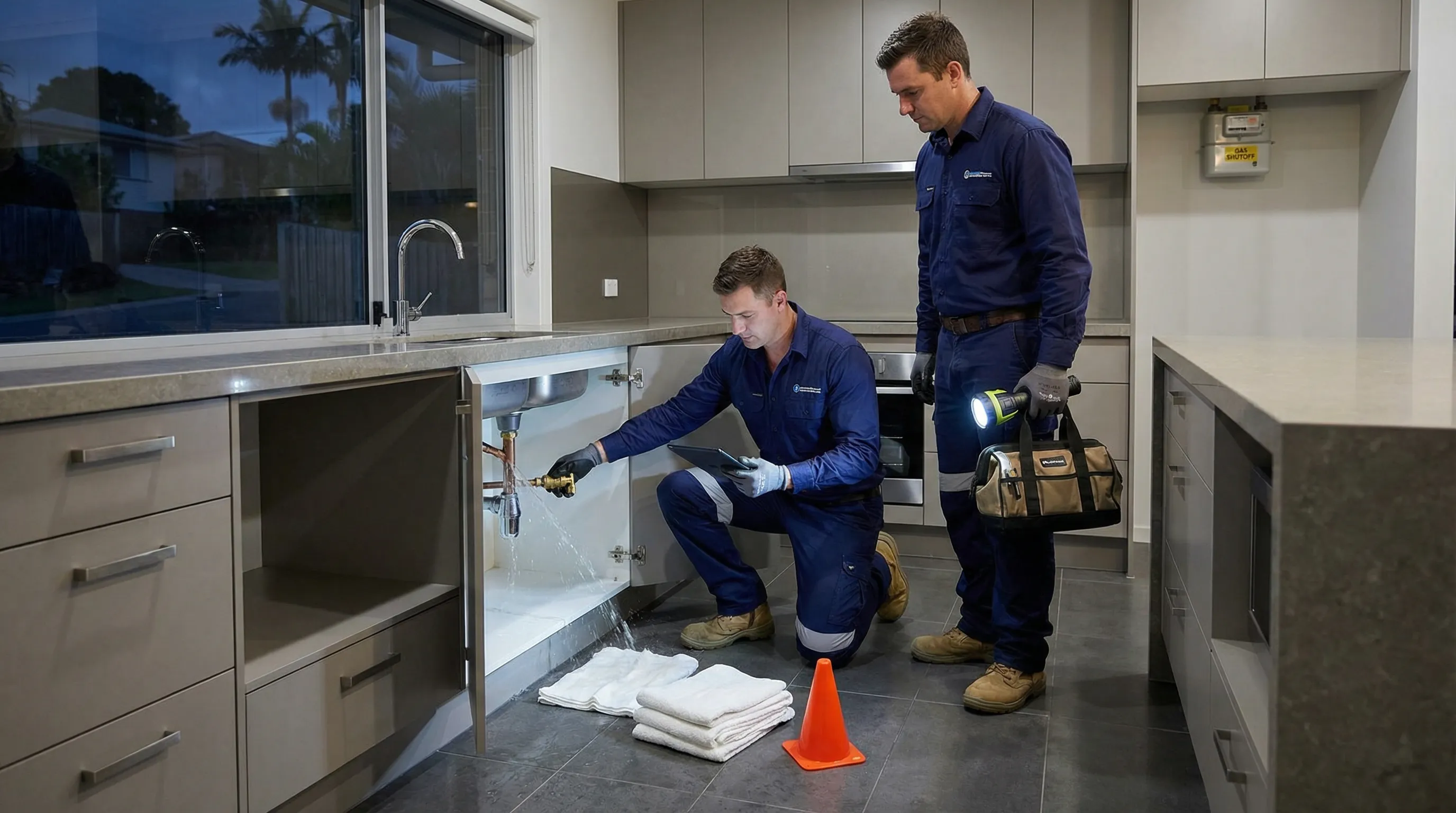 Emergency plumber fixing a burst pipe in a Brisbane home at night.