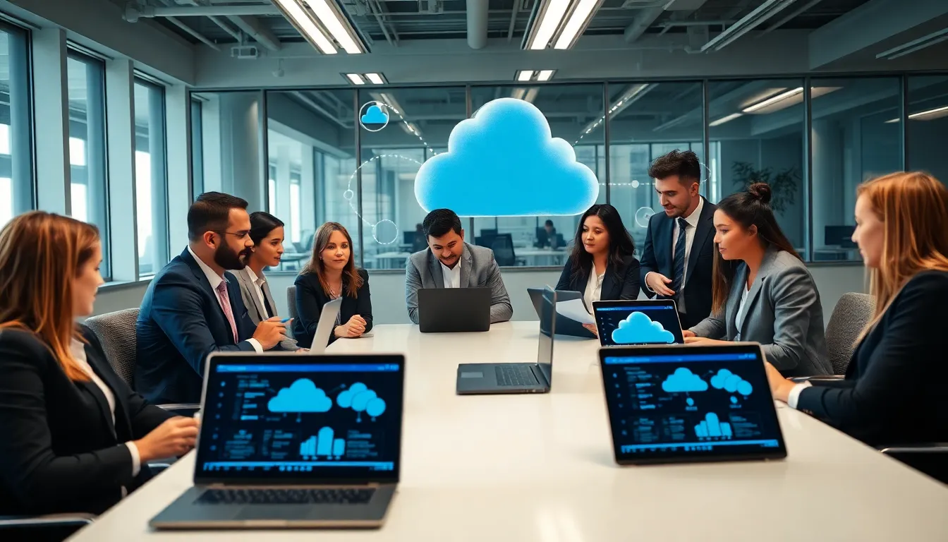 diverse team discussing cloud computing models in a modern office.