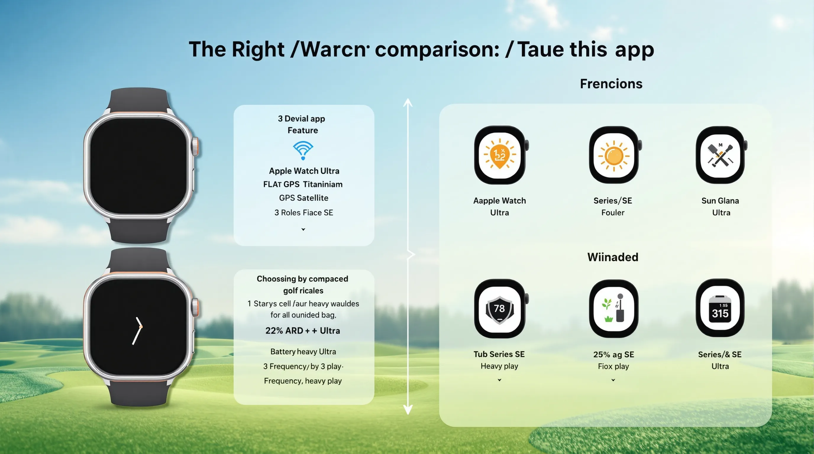 Infographic comparing Apple Watch models and golf apps with a compatibility checklist.