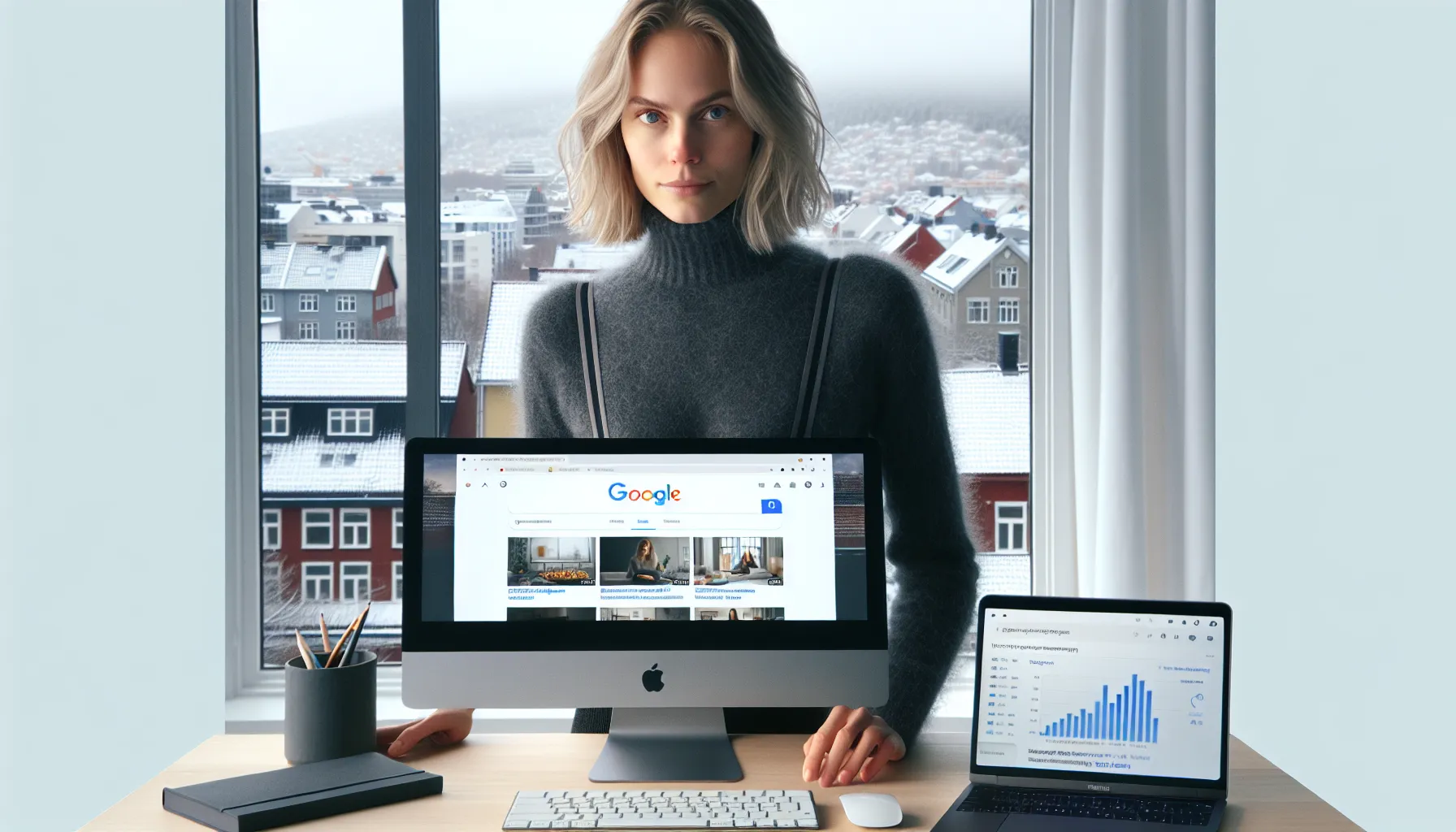 Video-seo: hvordan rangere på youtube og google samtidig 4 Norwegian marketer analyzing google and youtube data for unified video seo research.