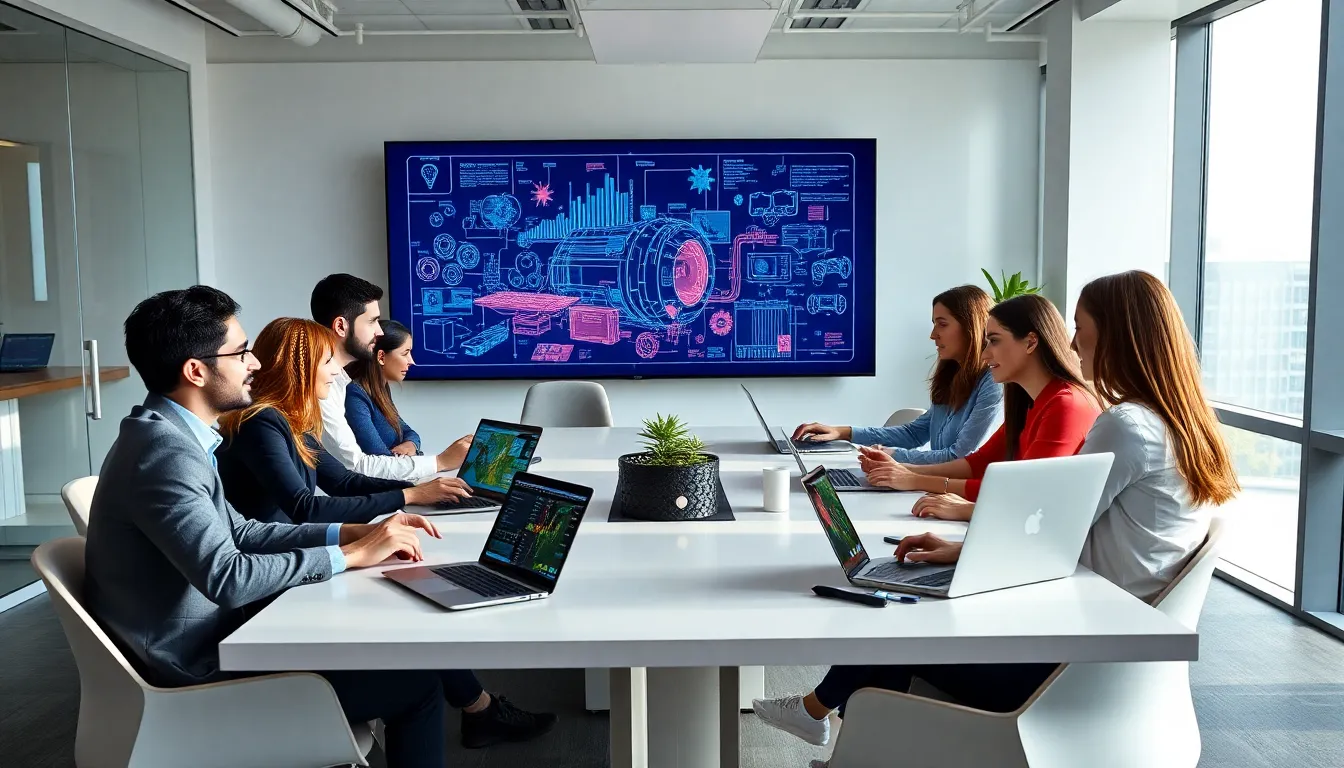 diverse team brainstorming game design in a modern office.