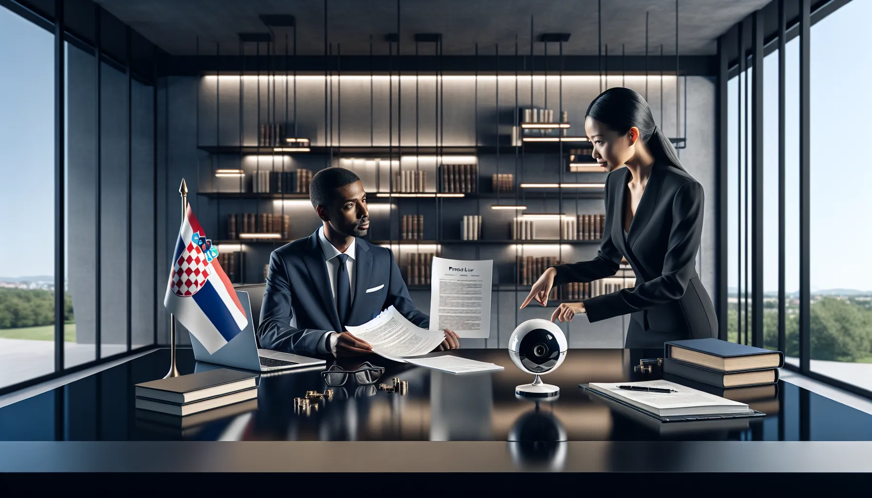 Legal advisor reviewing Croatian security camera laws with property owner in modern office