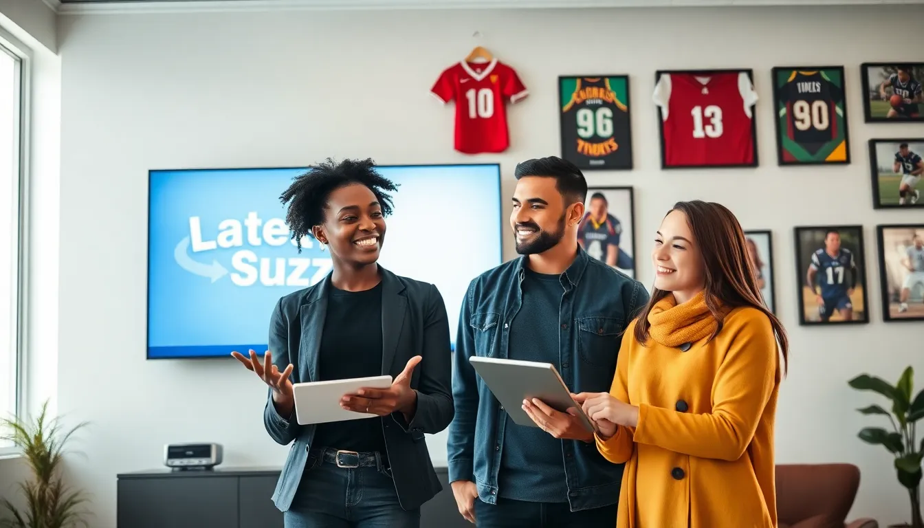 A diverse team discussing in a bright modern office with sports memorabilia.